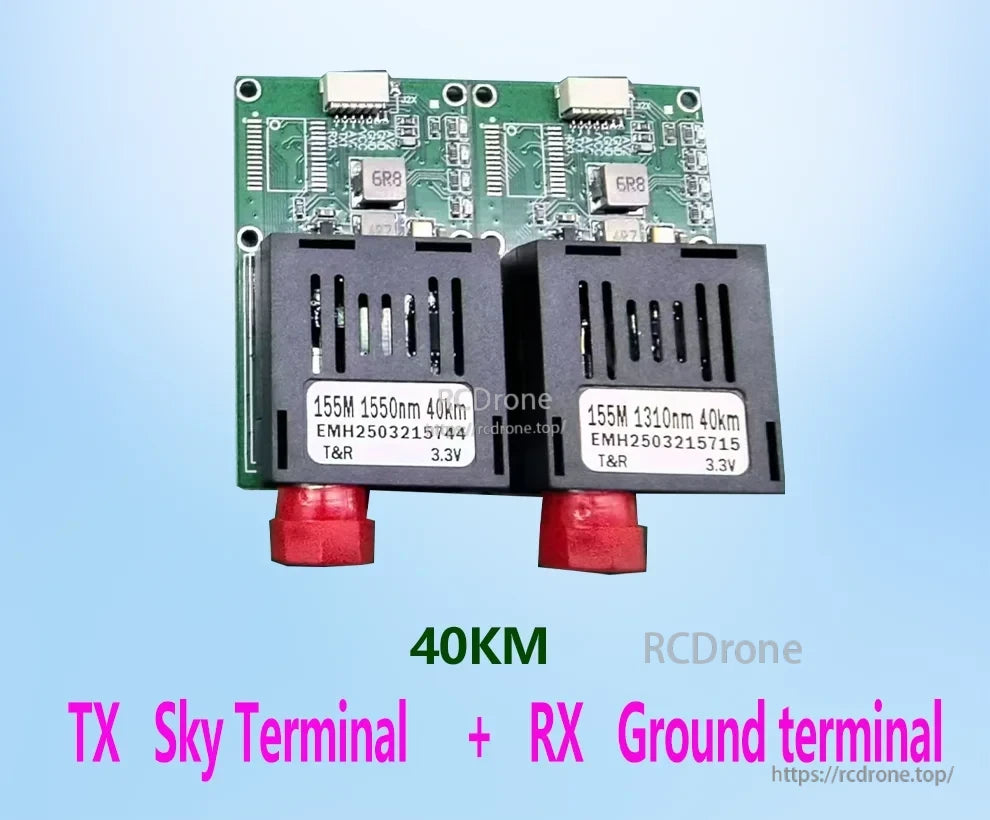 Drone Optical Fiber Module, 40KM transmission sky and ground terminals, 155M 1550nm/1310nm, model EMH2503215744/15715, 3.3V, tape & reel packaging.