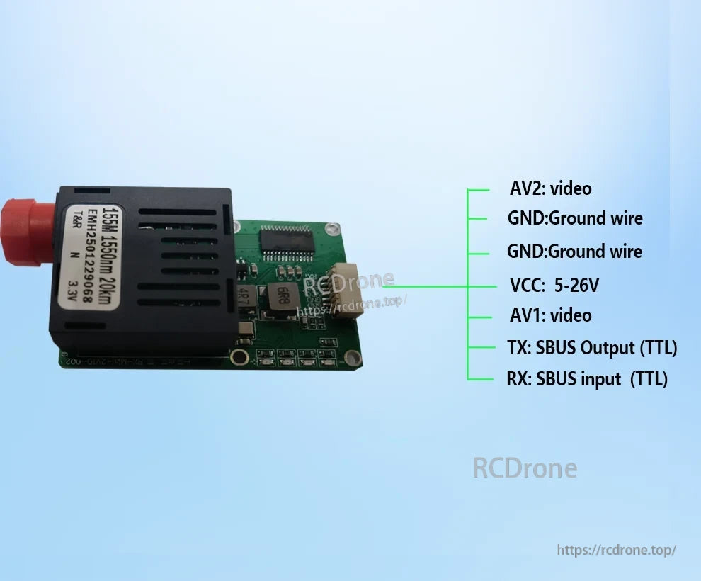 Drone optical fiber module features labeled video, ground, power, and SBUS TTL input/output pins for seamless connectivity and signal transmission.