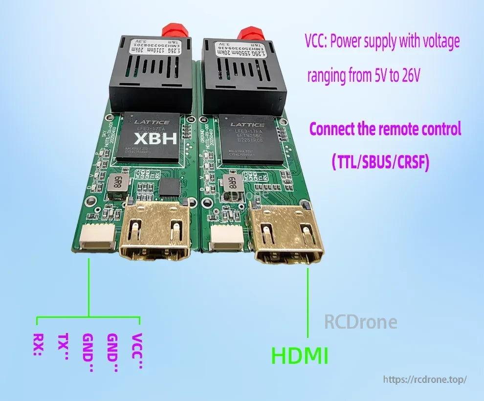 This compact drone optical fiber module uses dual Lattice XBH chips, HDMI ports, and gold-plated connectors for high-speed data transfer and reliable 5V–26V operation, ideal for advanced drone communication.