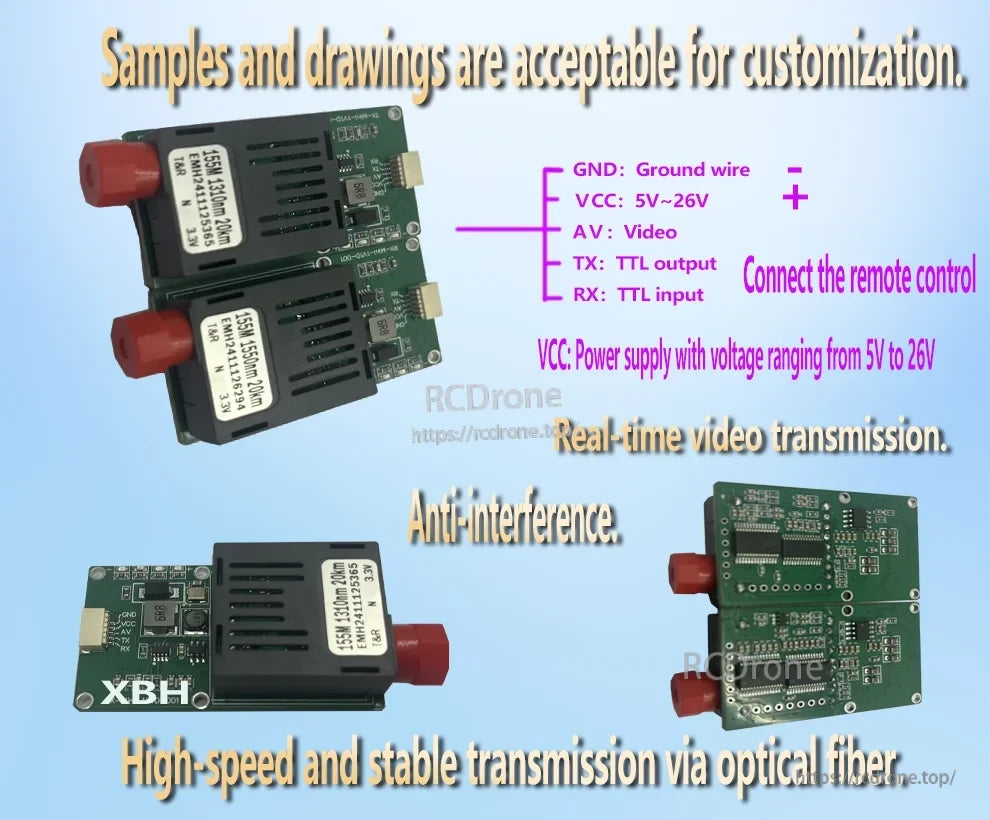 Drone Optical Fiber Module, Fiber optic module enables real-time drone video transmission, supports 5V–26V, resists interference, ensures stable high-speed data transfer, includes TTL I/O and ground connections; customizable.