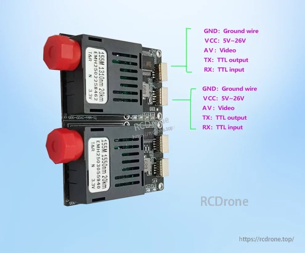 Drone optical fiber module: 155M, 1310/1550nm, 20km range, 3.3V operation, GND, VCC 5V–26V, AV video, TX/RX TTL I/O.
