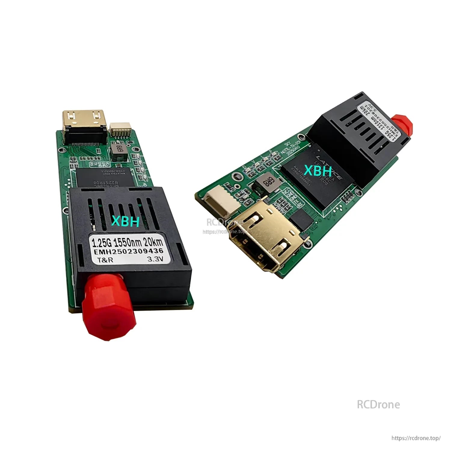 Drone Optical Fiber Module, 1.25G 1550nm 20km SFP optical module, 3.3V, EMH2502309436, green PCB, red cap, T&R, XHN interface.