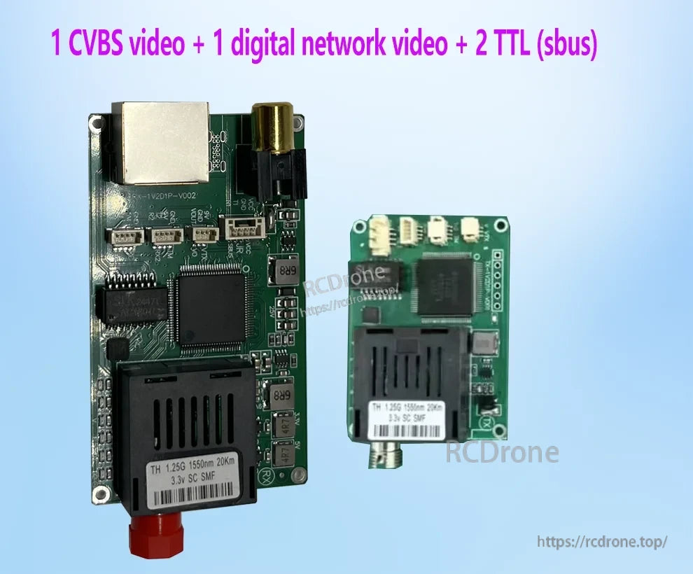 Drone Optical Fiber Module, CVBS and digital video with TTL SBus, optical fiber module, 1.25G 1550nm 20km, 3.3V SC SMF for long-range drone transmission.