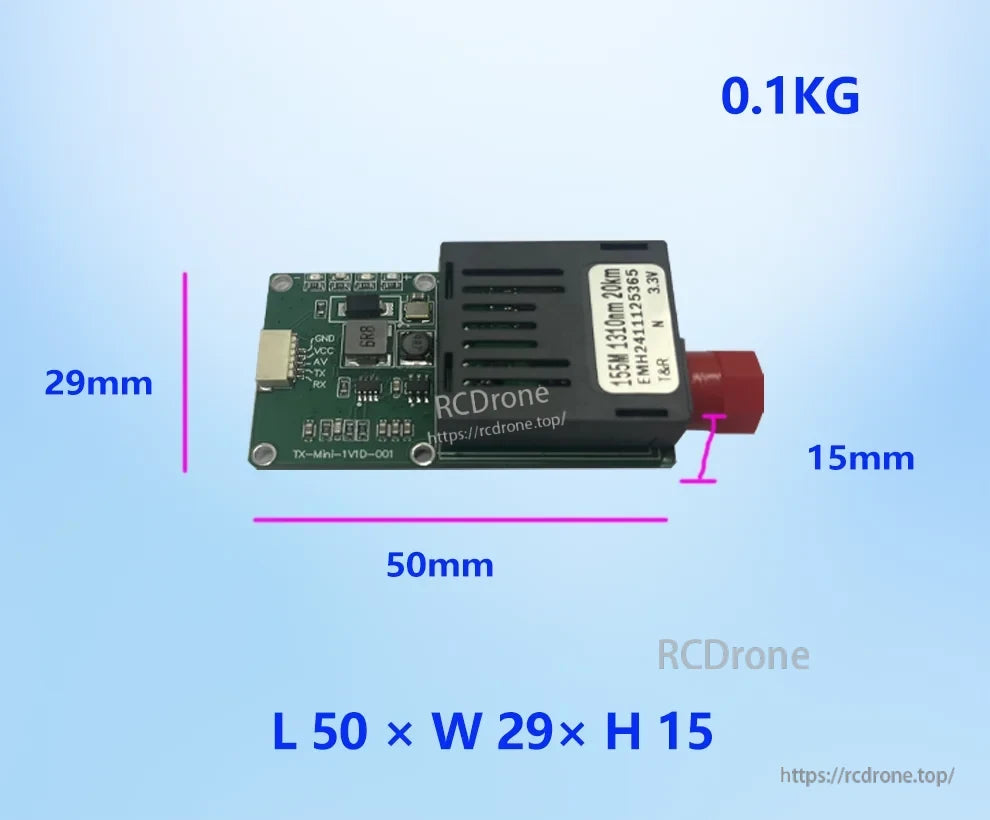 Compact 50x29x15mm, 0.1kg drone optical fiber module, 155M 1310nm 20km range, model TX-mini-1V1D-001.