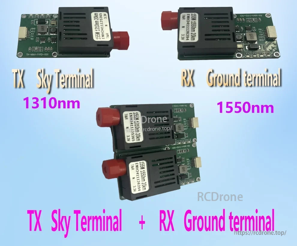 Drone optical fiber modules feature TX 1310nm (sky) and RX 1550nm (ground) with dual wavelengths, technical specs, and serial numbers for communication.