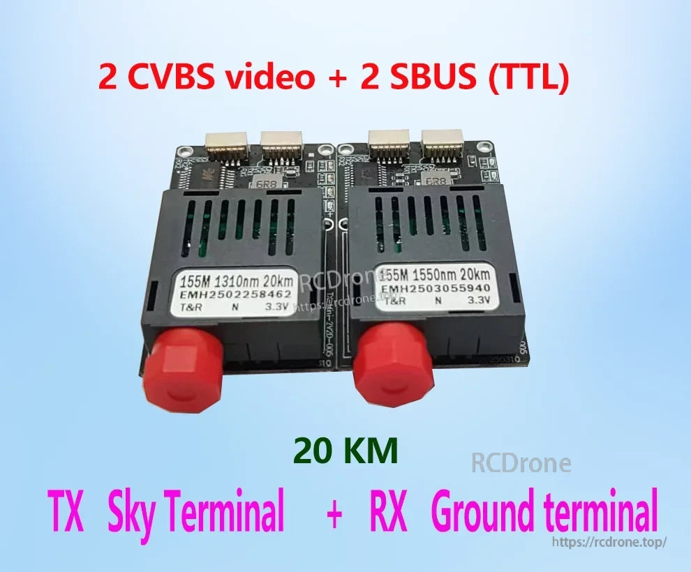 Drone Optical Fiber Module, 2 CVBS video and 2 SBUS (TTL) channels, 20 km range, Sky TX and Ground RX terminals, 155M 1310/1550nm, T&R N 3.3V.