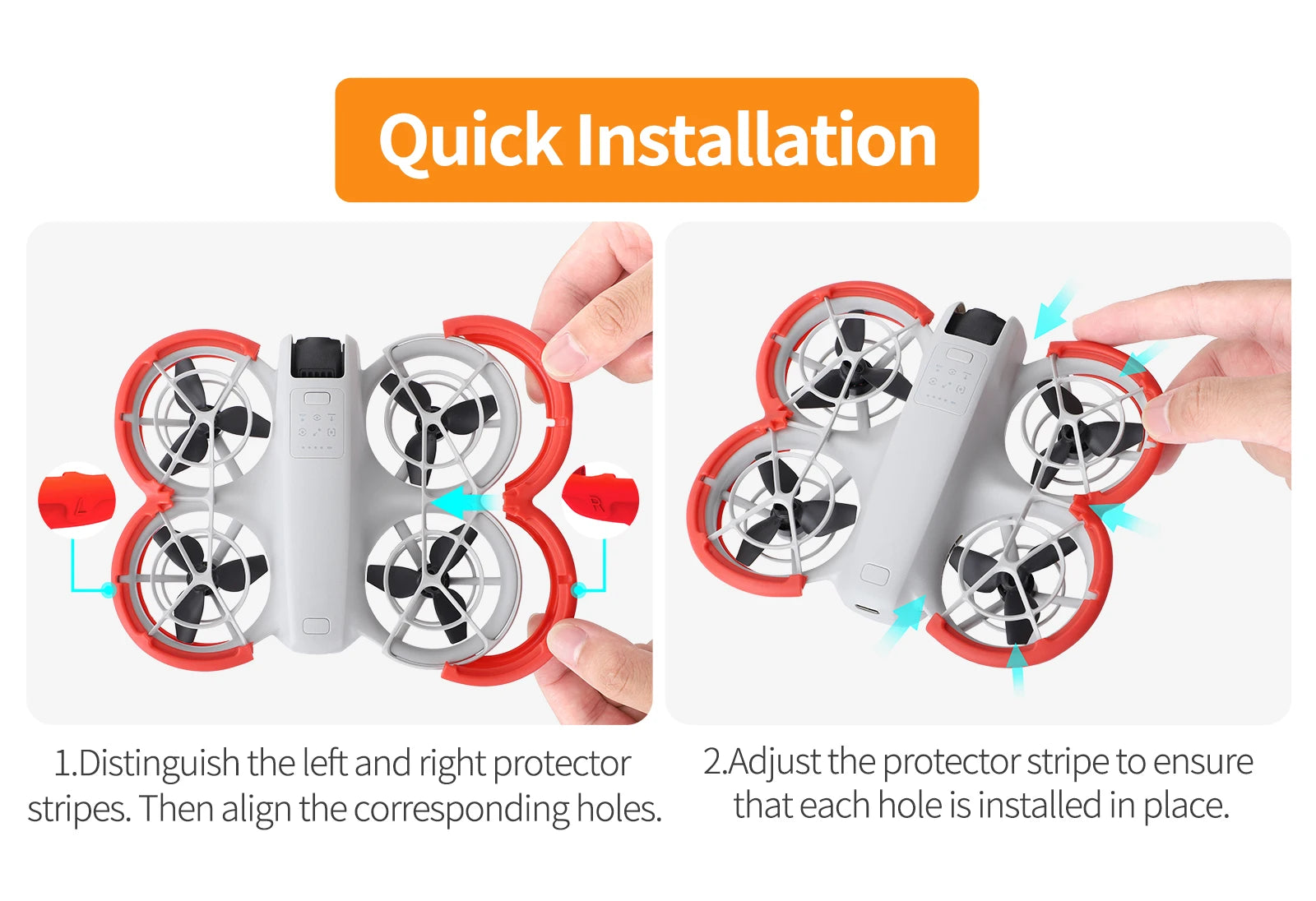 Drone Propeller Guard, Quick installation instructions involve distinguishing left and right protectors and aligning their stripes for proper installation.