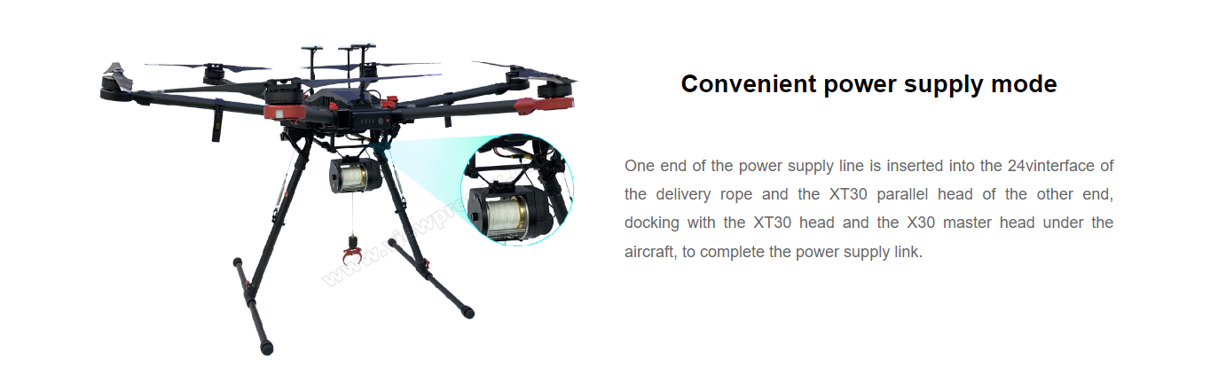 Drone Winch 30, Power supply mode allows for convenient powering of devices via parallel heads