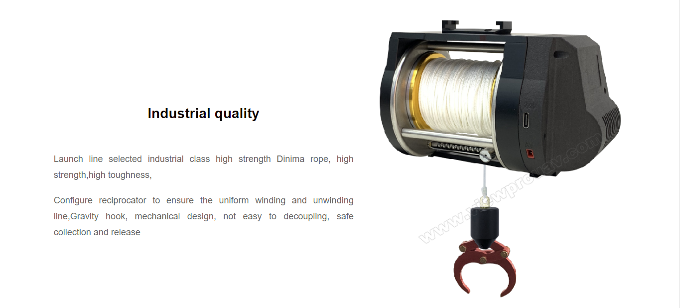 Drone Winch 30, The launch line features high-strength Dinima rope and reciprocator configuration for uniform winding and unwinding.