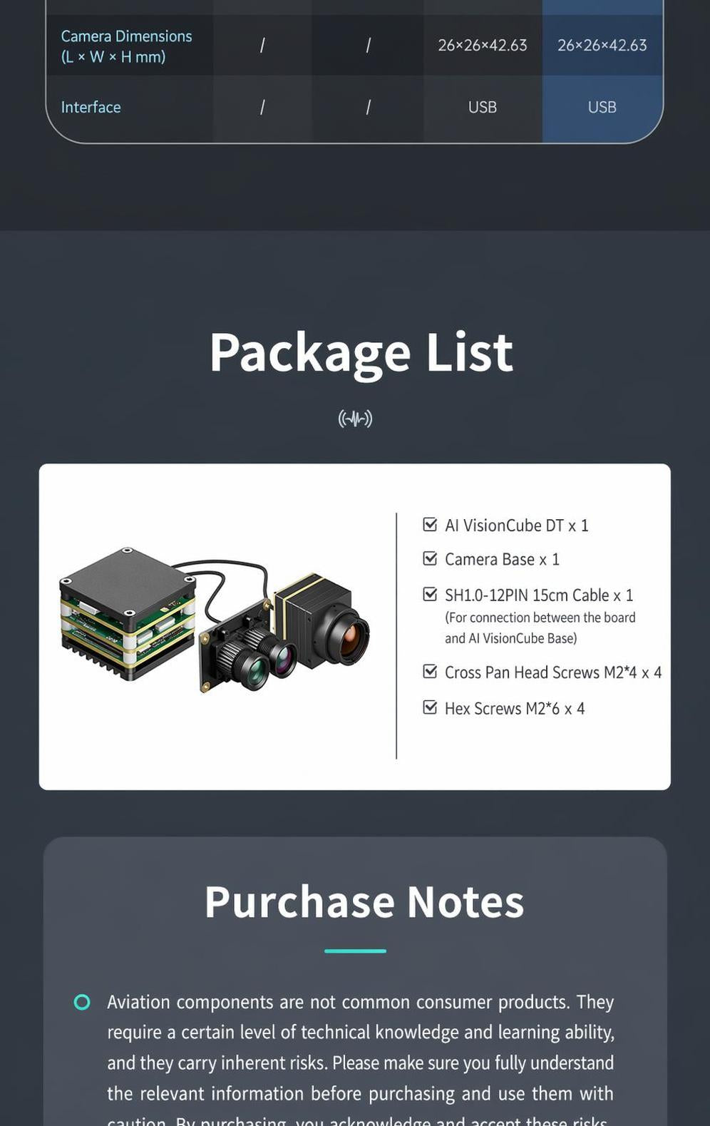 Package list for AI VisionCube DT kit including camera base, cables, and mounting screws