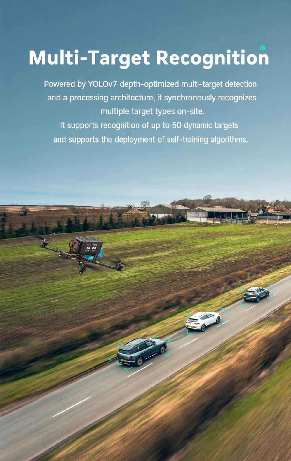 Multi-target recognition example with drone tracking multiple vehicles on a roadway scene