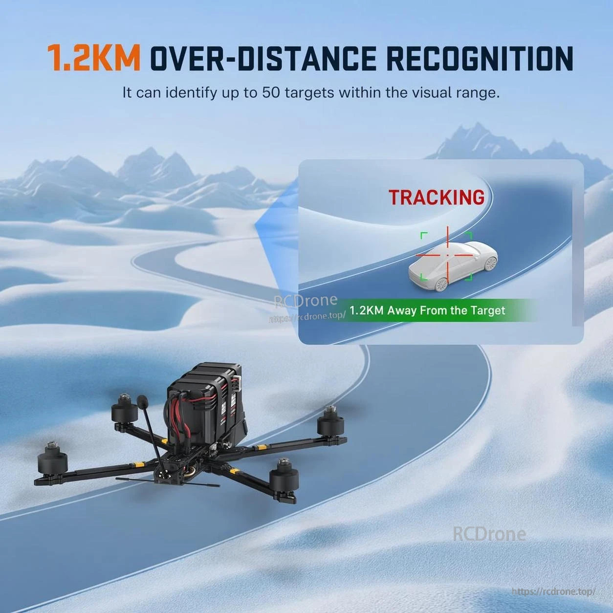 Graphic showing 1.2 km over-distance recognition and target tracking view from a drone scene