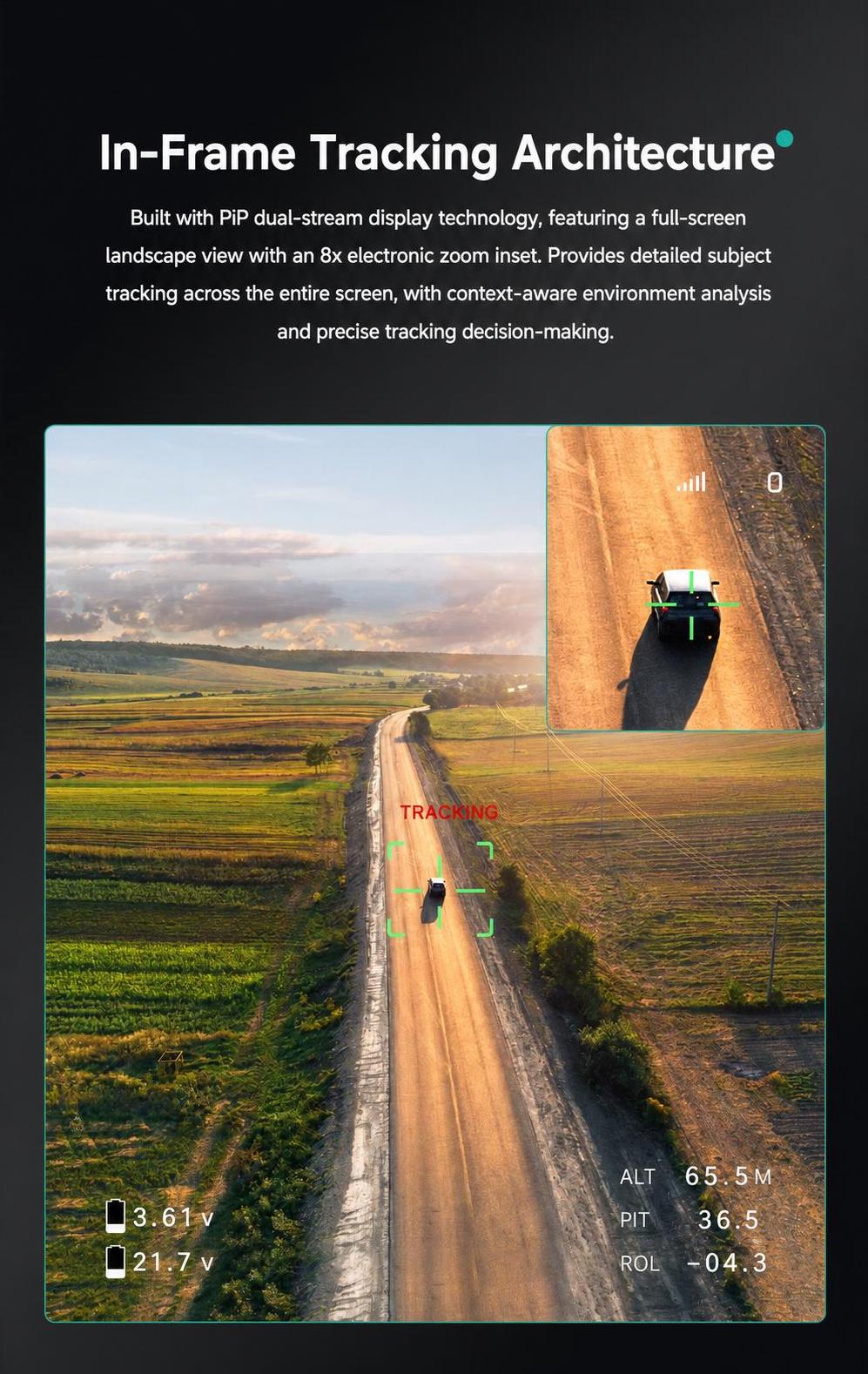 In-frame tracking architecture with full-screen view and picture-in-picture zoom inset for target lock