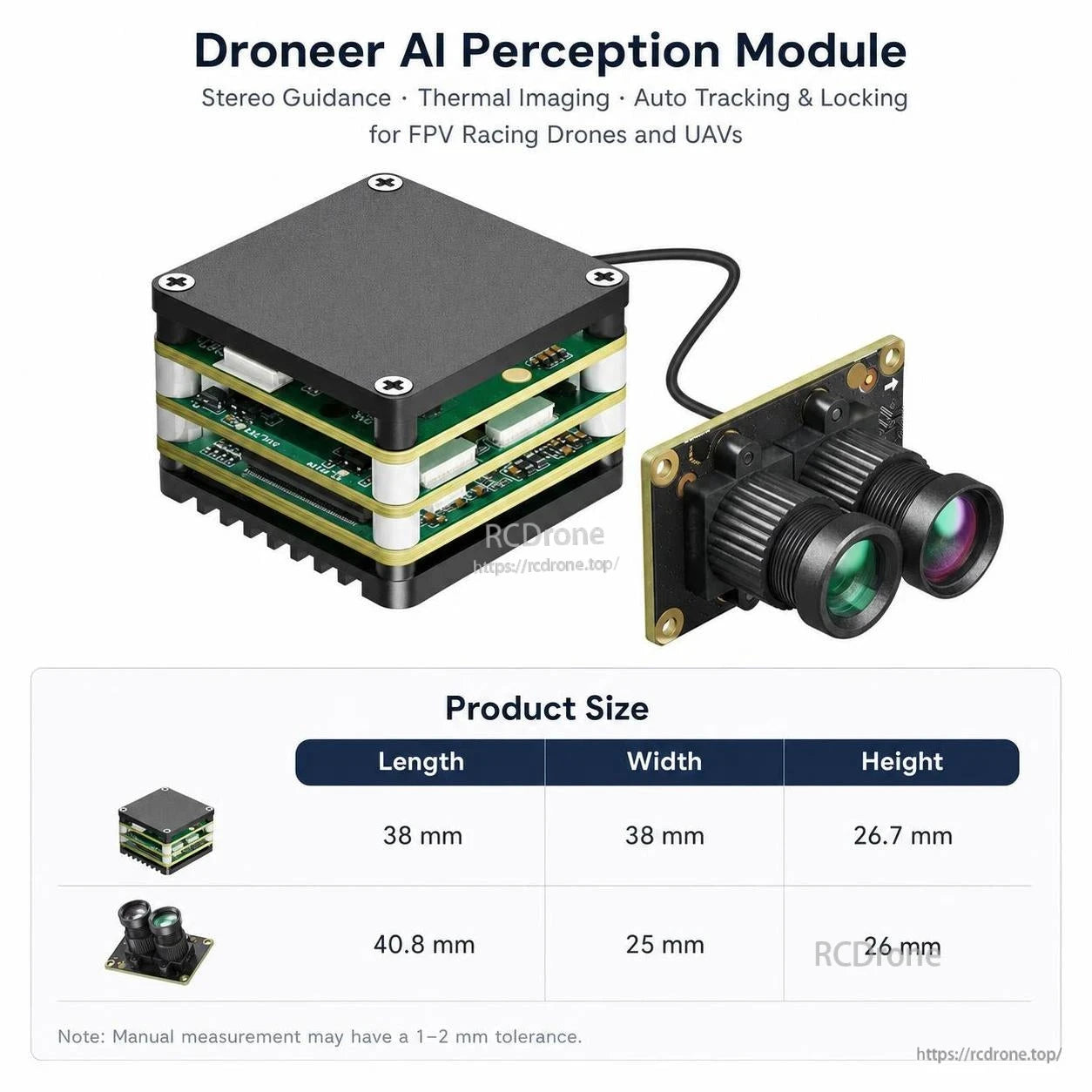 Droneer AI Perception Module size chart with dimensions for main module and stereo camera