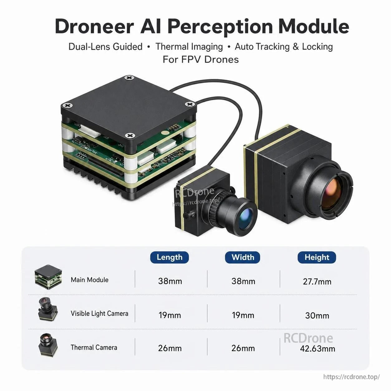 Droneer AI Perception Module size chart showing main module, visible light camera, and thermal camera