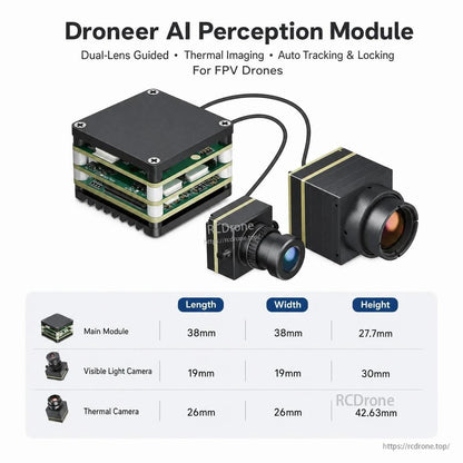 Droneer AI Perception Module size chart showing main module, visible light camera, and thermal camera