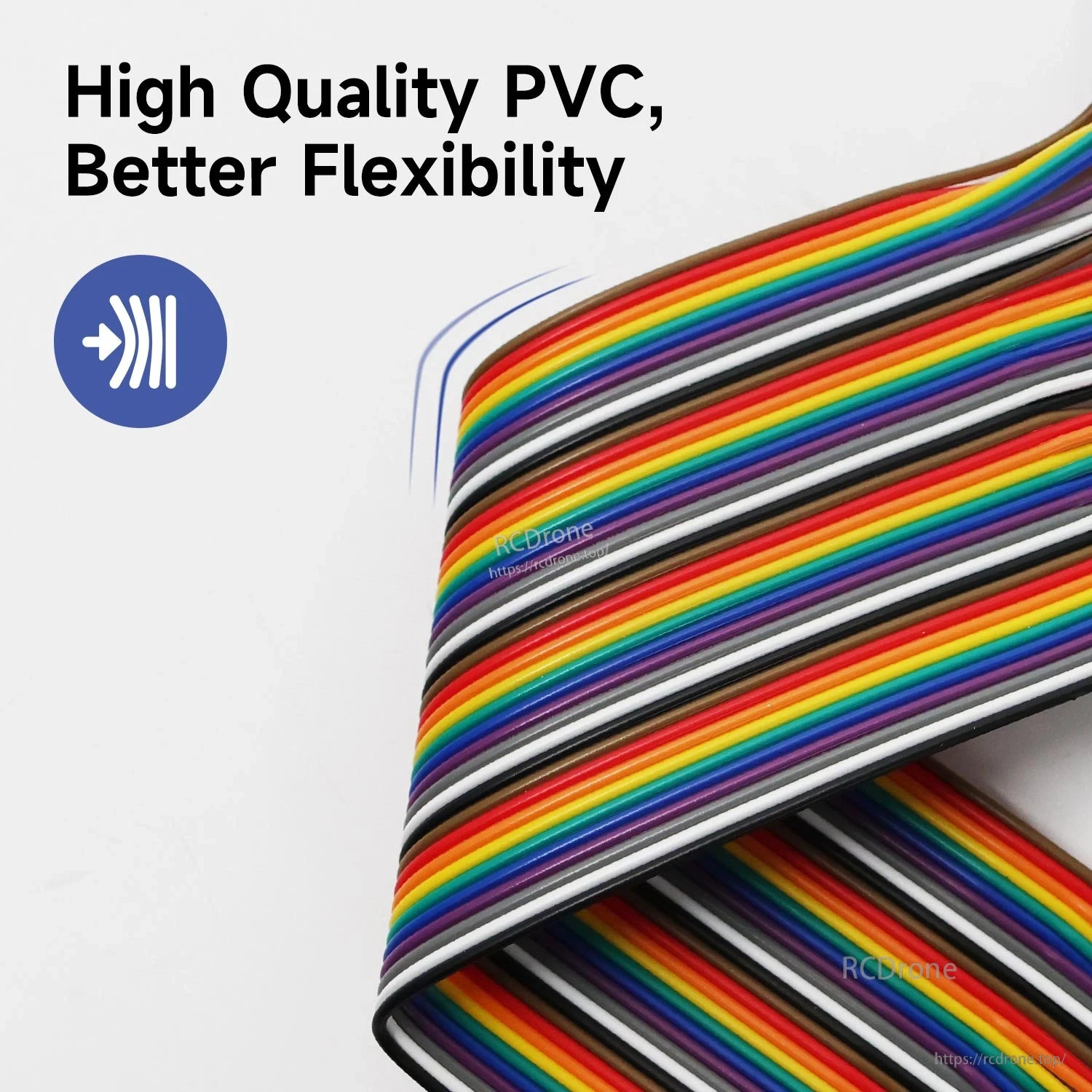 Rainbow ribbon jumper wire close-up showing flexible PVC insulation, "High Quality PVC" graphic