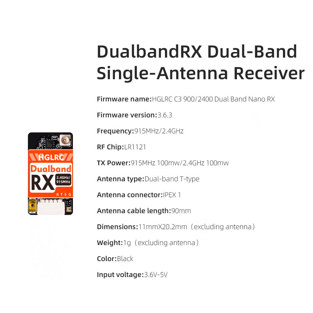 DualbandRX single-antenna receiver specification list with frequency, dimensions, weight, and input voltage