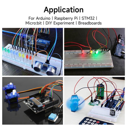 Jumper wires in use on breadboards with Arduino-style boards and LEDs, application example collage
