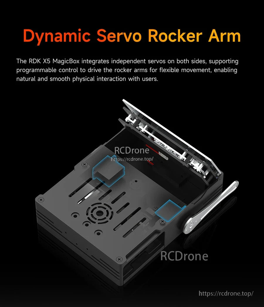 Dynamic servo rocker arm internal view showing dual independent servos for programmable motion and gestures