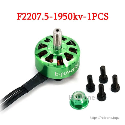 E-POWERRC F2207.5 1950KV brushless motor for 5-inch FPV racing drones, includes green casing, screws, and wiring.