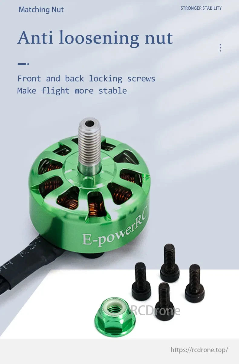 E-PowerRC F2207.5 Motor features an anti-loosening nut with locking screws for improved flight stability, plus a matching nut included.