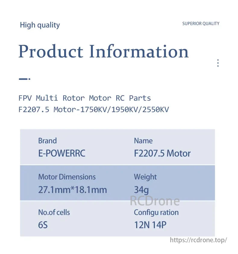 E-Powerrc F2207.5 Motor, 1750KV/1950KV/2550KV, 27.1x18.1mm, 34g, 6S, 12N 14P, premium FPV multi-rotor RC component.