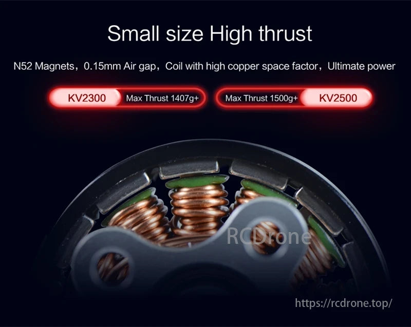 E-R2205 Brushless Racing Motor, E-R2205 brushless motor: Compact, high-thrust racing motor with N52 magnets, 0.15mm air gap, and KV2300/KV2500 options.