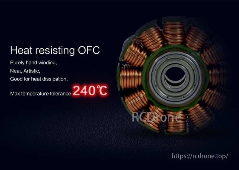 E-R2205 Brushless Racing Motor, Heat-resistant OFC, hand-wound, neat design, artistic, with a maximum temperature tolerance of 240°C.