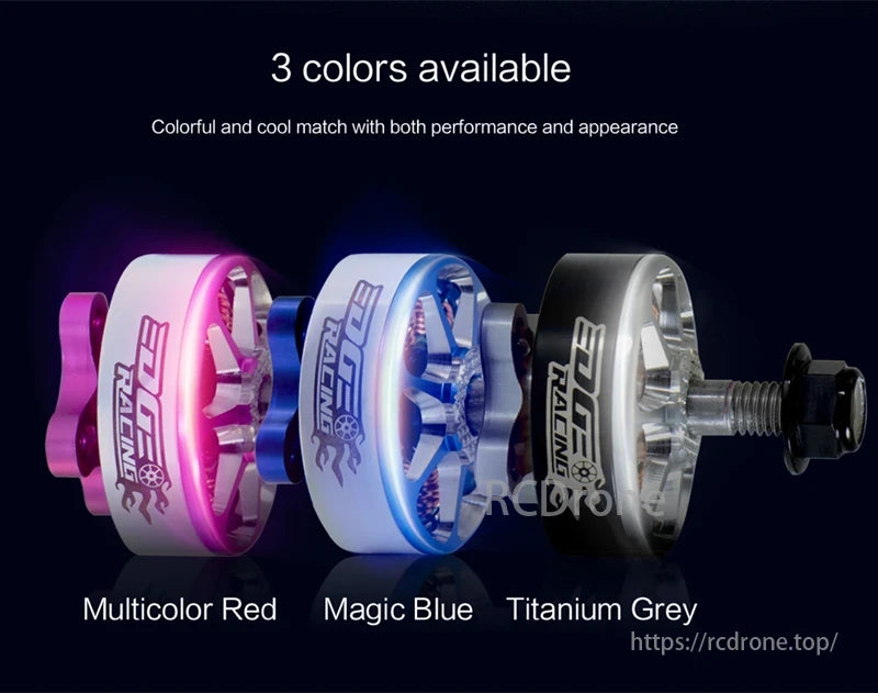 E-R2205 Brushless Racing Motor, E-R2205 motor offers 3 colors: Multicolor Red, Magic Blue, Titanium Grey. Colorful design matches performance and appearance.