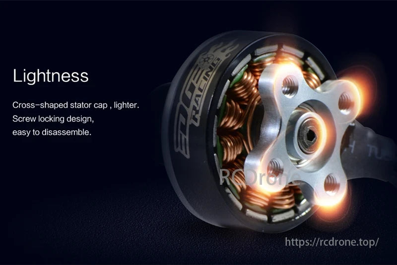 E-R2205 Brushless Racing Motor, E-R2205 motor features lightness, a cross-shaped stator cap, screw locking, and easy disassembly for brushless racing.