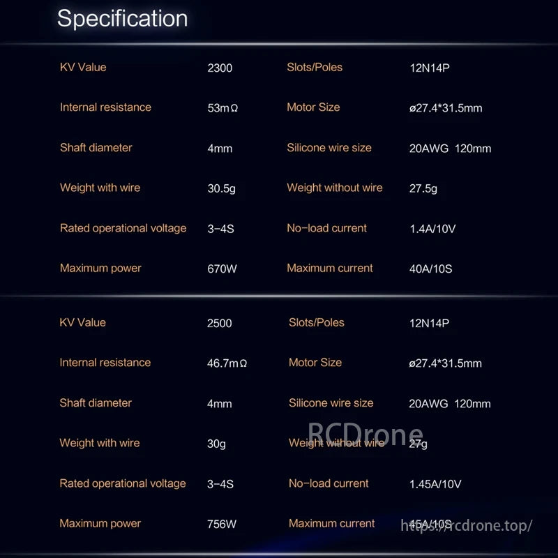 E-R2205 Brushless Racing Motor, E-R2205 brushless motor specs: KV 2300/2500, Ø27.4*31.5mm, 4mm shaft, 20AWG wire, 30.5/30g weight, 3-4S voltage, 670/756W power, 40/45A max current.