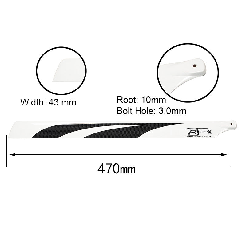 RJXHOBBY 470mm Carbon Fiber Blades, RJXHOBBY 470mm carbon fiber rotor blade with 43mm width, 10mm root, and 3.0mm bolt hole