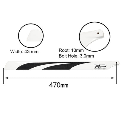 RJXHOBBY 470mm Carbon Fiber Blades, RJXHOBBY 470mm carbon fiber rotor blade with 43mm width, 10mm root, and 3.0mm bolt hole