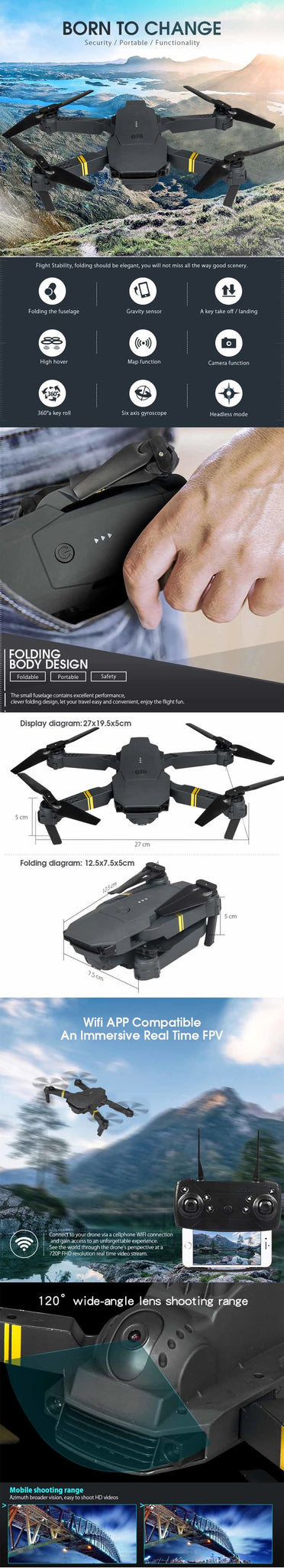 E58 Drone - 4K HD Four axis Foldable Mini Camera, E58 Drone, wifi app compalible an immersive real time fpv con