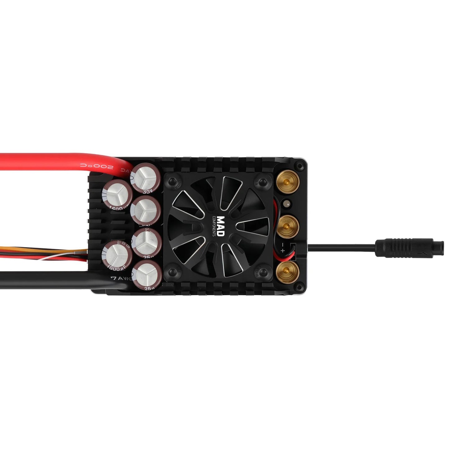 MAD MAX8 HV 550A V2 brushless sensored ESC with cooling fan, capacitor bank, and three motor bullet connectors