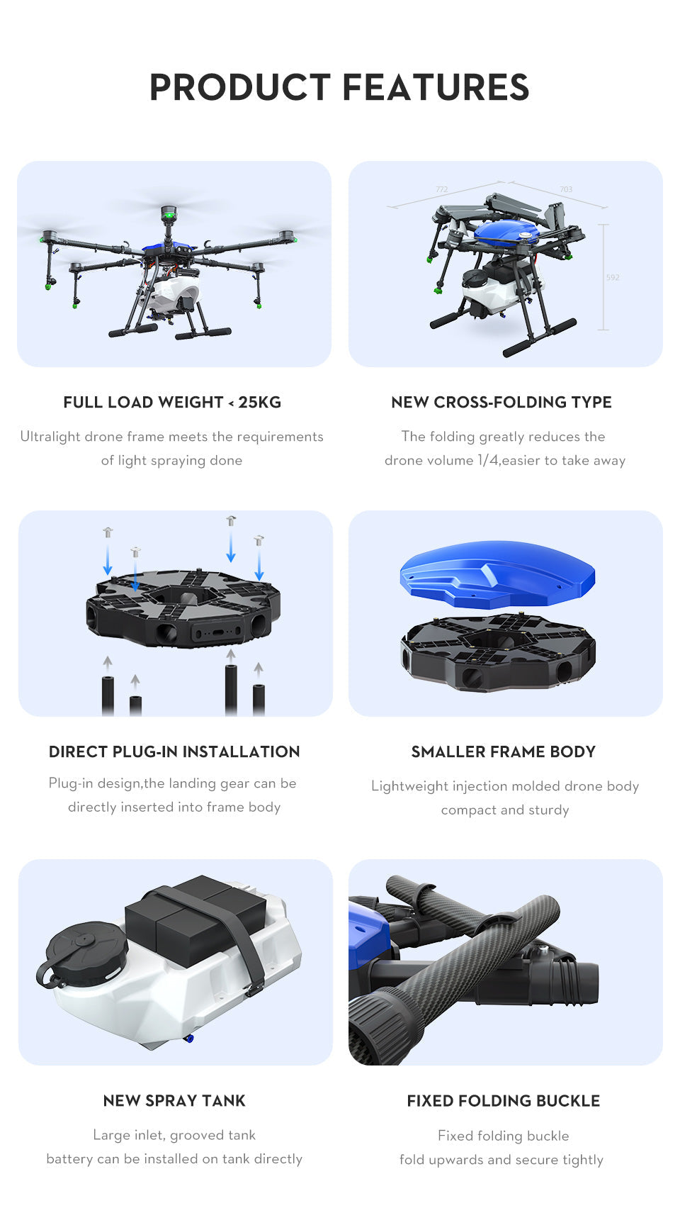 EFT E610M 10L Agriculture Drone, Ultralight drone frame reduces volume by 75% for easy transport.