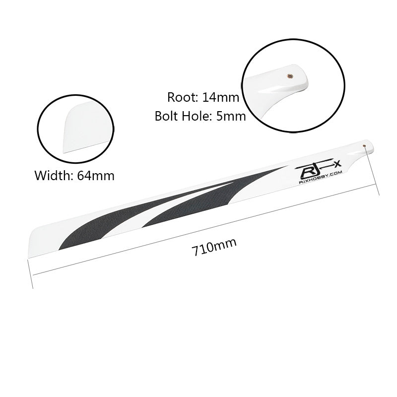 RJXHOBBY 710mm Premium Carbon Fiber Main Blades, RJXHOBBY 710mm carbon fiber helicopter main blade with 64mm width, 14mm root and 5mm bolt hole