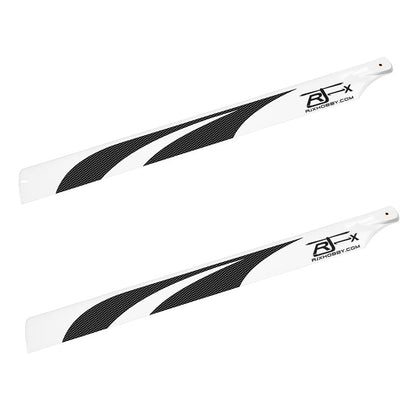 RJXHOBBY 710mm Premium Carbon Fiber Main Blades, Pair of RJXHOBBY 710mm carbon fiber helicopter main blades in white with black stripe graphics