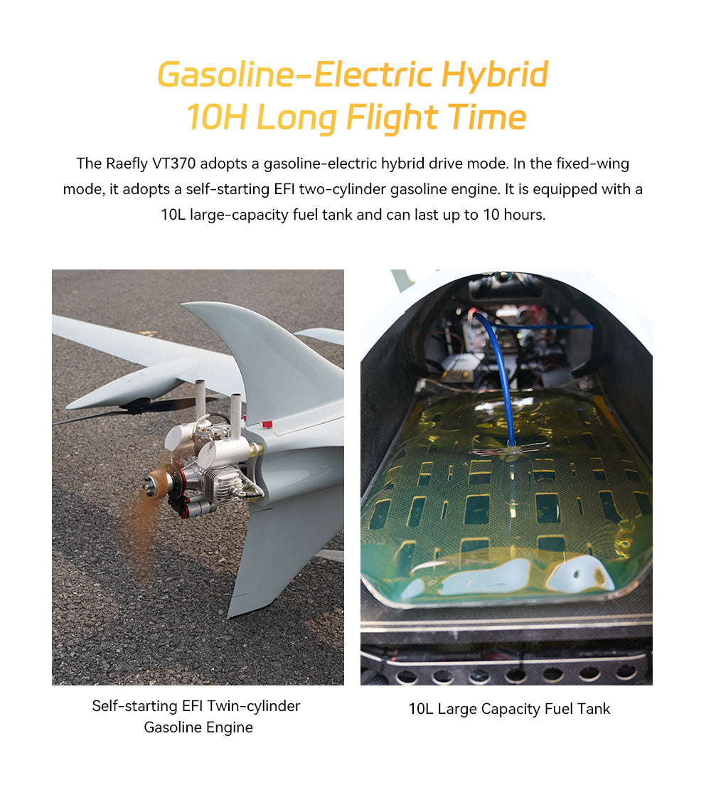 CUAV Raefly VT370 VTOL, Raefly VT370 adopts a gasoline-electric hybrid drive mode .
