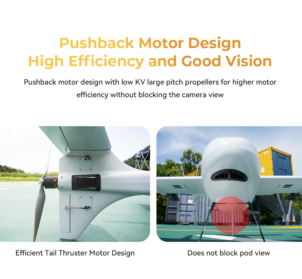 CUAV Raefly VT240 pro VTOL, Pushback Motor Design High Efficiency and Good Vision Pushback motor design with low KV large pitch