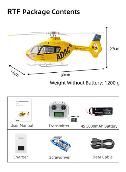 Flywing EC‑135 Scale RC Helicopter, RTF package includes EC-135 helicopter, transmitter, 5000mAh battery, charger, tools, and manual. Dimensions: 80×18×27cm; weight: 1200g (without battery).