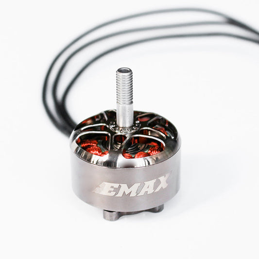 EMAX ECOII 2812 brushless motor, top view with threaded shaft and exposed copper windings
