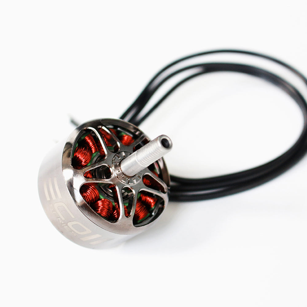 ECOII 2814 motor angled view with threaded prop shaft and attached power leads