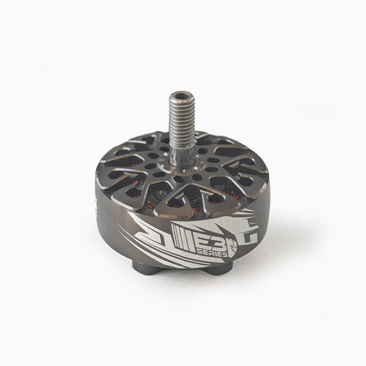 EMAX ECOIII (E3 Series) 2807 brushless motor, top view with threaded shaft and E3 logo