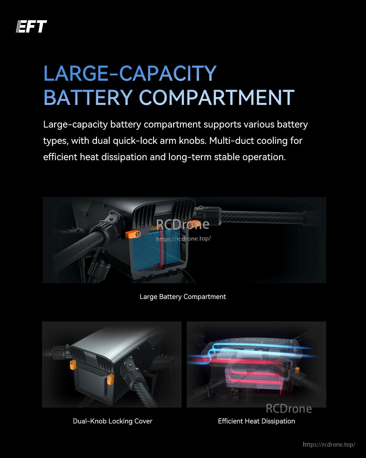 EFT X950 Lightweight Industrial Drone, The EFT X950 drone features a large battery compartment, dual quick-lock knobs, and multi-duct cooling for efficient heat dissipation and stable performance.