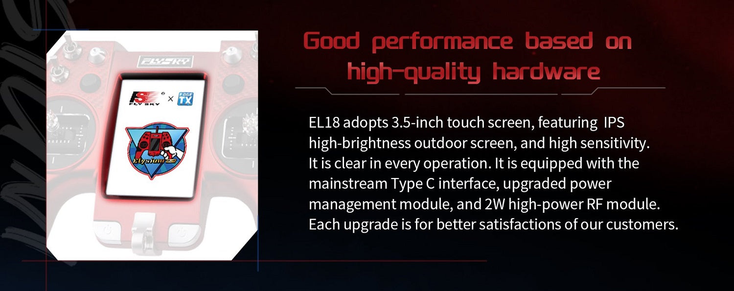 FLYSKY Elysium EL18 Transmitter, EL18 adopts 3.5-inch touch screen, featuring IPS ad high