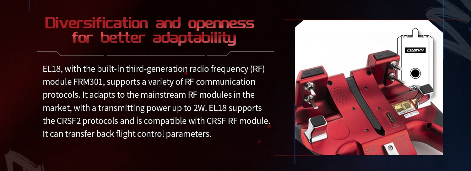 FLYSKY Elysium EL18 Transmitter, built-in third-generation radio frequency (RF) module supports a variety of RF