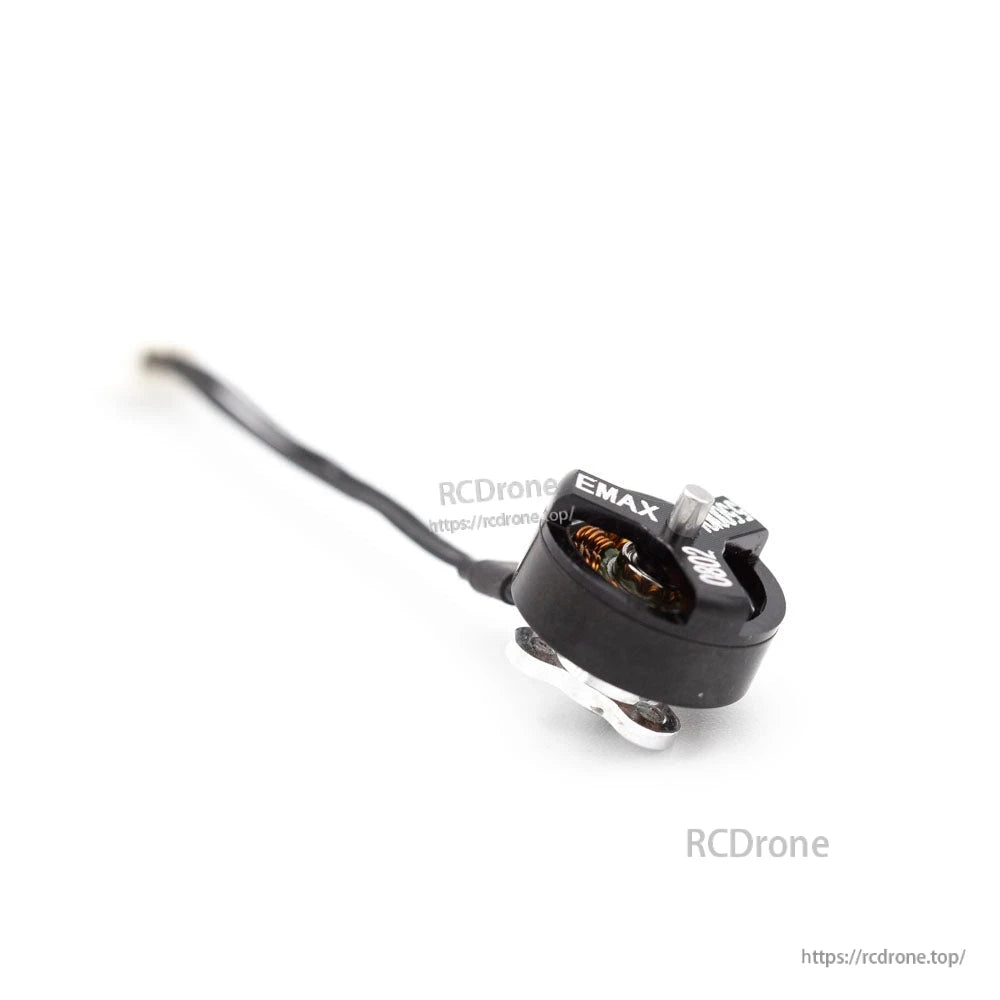 Side angle of micro brushless motor showing housing height, mounting plate edge, and attached cable