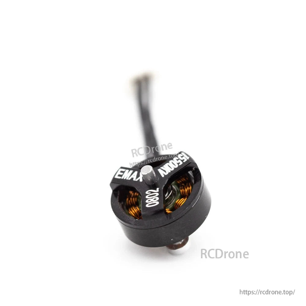 EMAX 0802 15500KV brushless motor angled top view with exposed copper windings and single lead cable